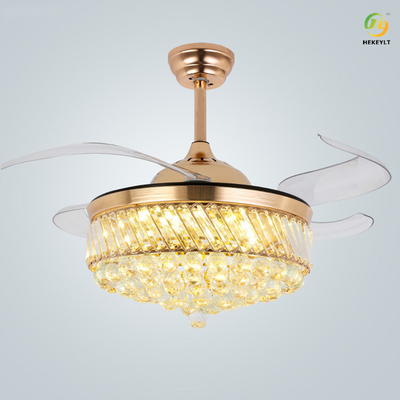 Modern Luxury Invisible Crystal Ceiling Fan Light 42 Inch 4 Fan Blades For Dining Room
