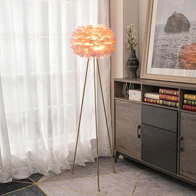 Living Room Bedroom E26 Metal Tripod Floor Lamp Feather Pink Decoration