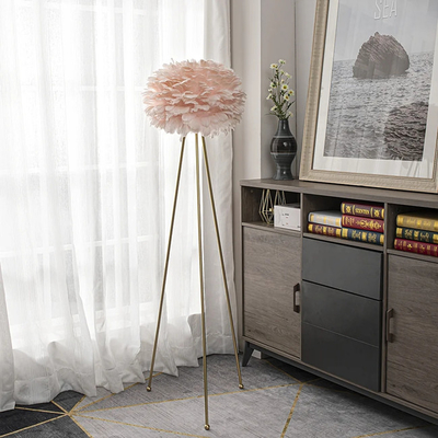 Living Room Bedroom E26 Metal Tripod Floor Lamp Feather Pink Decoration