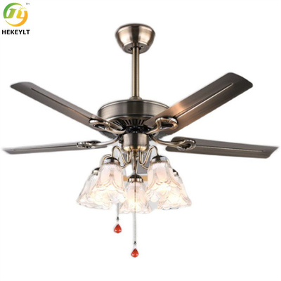 Industrial Style E27 LED Ceiling Fan Light With 5 Wood Blades