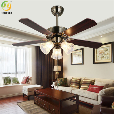 Industrial Style E27 LED Ceiling Fan Light With 5 Wood Blades