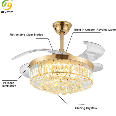 42&quot; Luxury Crystal Chandeliers Led Ceiling Fan With Retractable Blades
