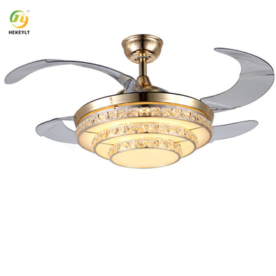 LED Crystal And Metal Gold Ceiling Fan Light With Remote Control 4 Blades 72W 42 Inch