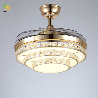 LED Crystal And Metal Gold Ceiling Fan Light With Remote Control 4 Blades 72W 42 Inch