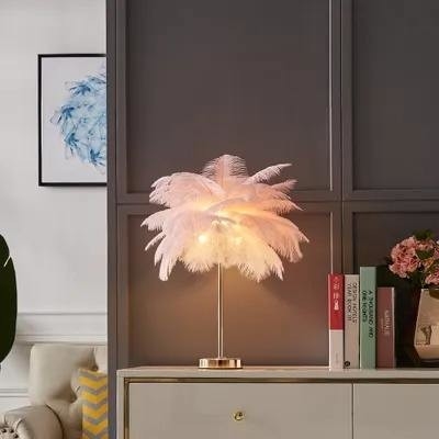USB Charging Dimmable Decorative Table Lamp White Feather Table Lamp
