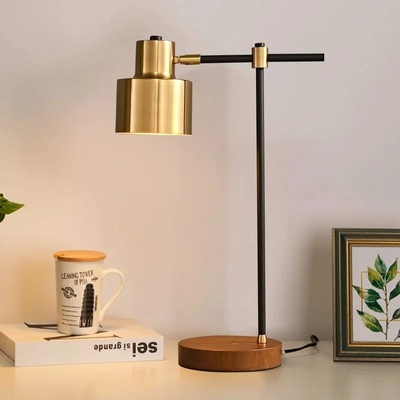 Modern Wooden Base Gold Touch Table Lamp With Wireless Charging