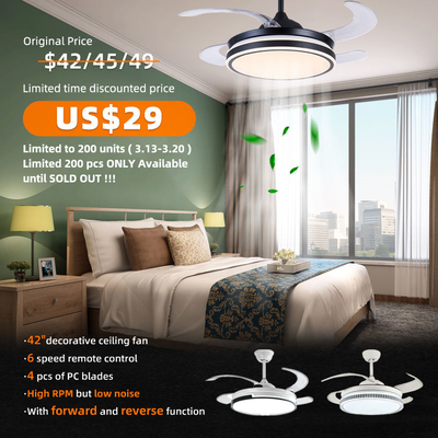 Retractable Blades Led Ceiling Fan Light Two Way Rotation