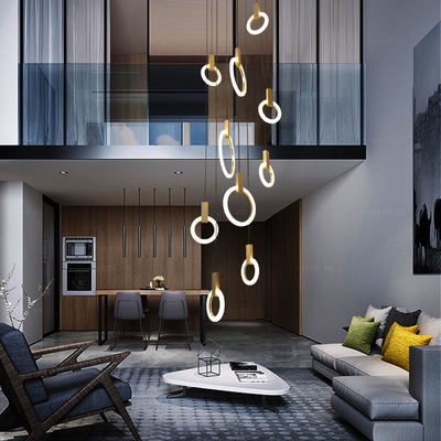 Living Room Stair Lighting Fixtures Loft Hanging Suspension Metal Acrylic Rings Pendant Light